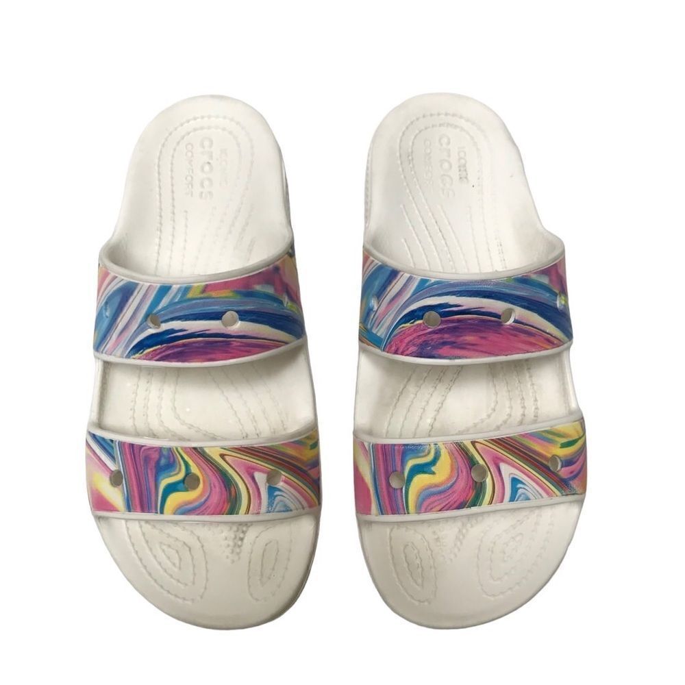 Crocs classic “out of this world”‎ 2 strap multi swirl slide sandals 7/9 unisex